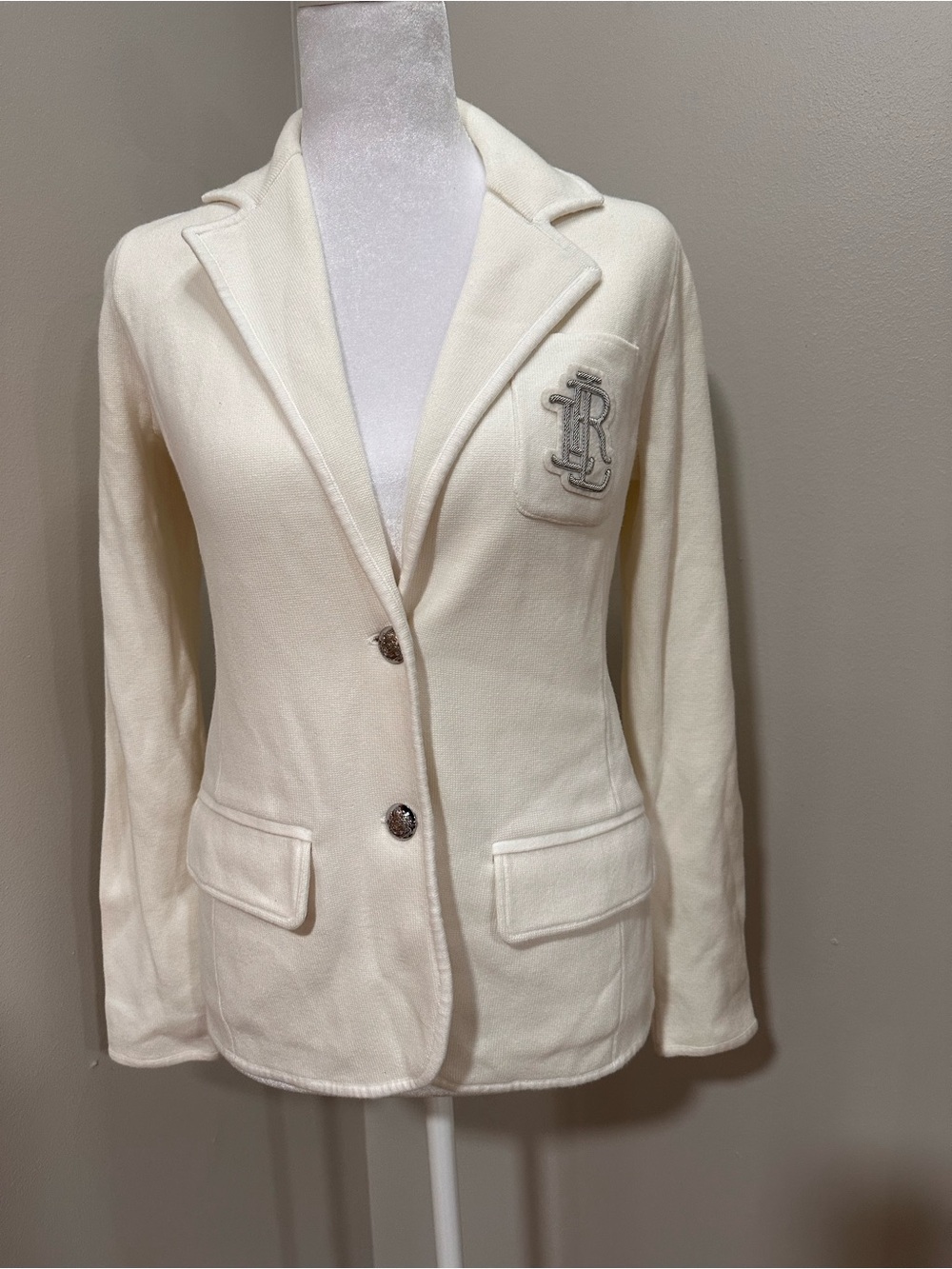 Lauren Ralph Lauren NWT Cream Knit Blazer with Embroidered Monogram